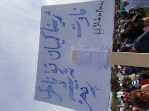 토론토 시위에서 쿠르드어로 "지나, 당신은 죽지 않을 거예요. 당신의 이름은 상징이 될 거예요."라고 적힌 아미니의 묘비명 표지판.