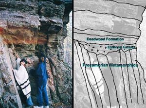 래피드 시티 근처의 데드우드 층과 그 아래의 선캄브리아 시대 암석 사이의 각도 부정합.