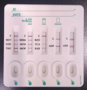 소변 약물 검사 장치의 예시. 벤조디아제핀 영역에 줄이 없으면 이 계열의 약물에 대한 양성 반응을 나타낸다. 다른 약물과 음성 대조군("C"로 표시됨)은 음성이다.