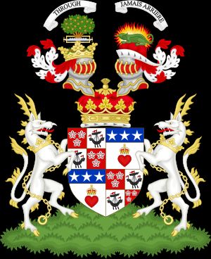 스코틀랜드 귀족 해밀턴 공작 가문의 문장. 상부에는 "Through"(해내다), "Jamais Arriere"(돌아보지 마라)라는 슬로건이 쓰여 있다.