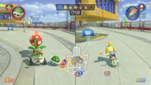 In Renegade Roundup, the authority player Bowser Jr. (left), using a Piranha Plant, aims to capture Isabelle (right), who is trying to free her captured renegade teammates from a cage by driving over a key switch.