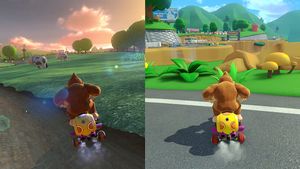 기본 게임 코스(무무 목장, 왼쪽)와 "부스터 코스 패스"의 코스(굼바 능선, 웨이브 1 코스, 오른쪽) 간의 그래픽 차이는 논쟁의 대상이었다.