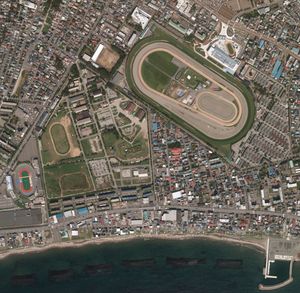 하코다테 경마장 부근의 항공 사진국토교통성 국토지리원 [https://mapps.gsi.go.jp/ 지도・항공 사진 열람 서비스]의 항공 사진을 기초로 제작잔디 코스・더트 코스 안쪽에 우드칩 코스가 있는 것을 알 수 있다.