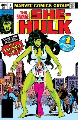 쉬헐크의 첫 등장, 그녀의 타이틀 첫 번째 이슈, The Savage She-Hulk #1 (1979년 11월). 존 부세마의 그림.