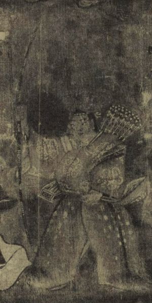 사냥복을 입은 스와 다이묘진(타케미나카타). 중세 시대에는 사냥과 농업을 중심으로 한 종교 의식이 스와 신사의 의례 일정에서 필수적인 부분이었다.