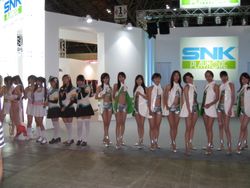 2007년 TGS의 SNK 전시회에서 회사 마스코트로 분장한 두 명의 홍보 모델들. 가장 왼쪽은 시라누이 마이의 코스프레.