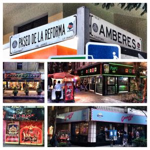 멕시코시티의 소나 로사(Zona Rosa)에 있는 암베레스 거리는 게이바로 가득하다.