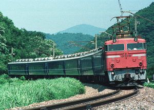 EF81 19 견인 14계 좌석차 급행 "가가" (1985년 신히키타역 부근)