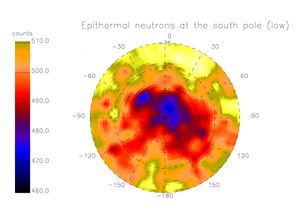 루나 프로스펙터 중성자 분광계의 데이터는 달 남극에서 과도한 수소를 보여준다. 자홍색과 짙은 파란색은 수소 농도가 가장 높은 곳을 나타낸다.