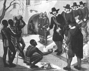 런던 사우스 아프리카 하우스에 있는 연대 미상의 익명의 벽화. 나마족이 1685년 네덜란드에 광석 추출을 위한 탐험을 시작한 케이프에서 구리 함유 암석을 네덜란드 동인도 회사(VOC)에 제시하는 모습을 묘사.