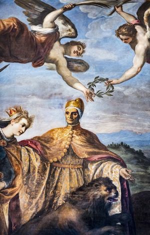 팔마 일 조바네의 작품, 캉브레 동맹에 대한 승리의 알레고리, 도제 레오나르도 로레단.