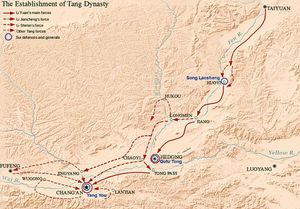 이연의 반란. 유홍기의 군대는 "기타 당나라 군대"로 표시됨