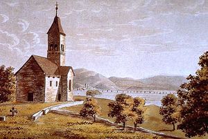 우페나우와 취리히 호수 상류, 뤼첼라우, 라퍼스빌과 뒤쪽의 후르덴으로 가는 나무 다리 (1829)