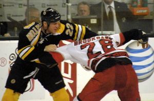 숀 손턴(Shawn Thornton)이 웨이드 브룩뱅크(Wade Brookbank)와 싸우고 있다.