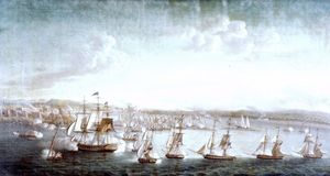 USS Constitution이 1804년 8월 3일 트리폴리 폭격에 참여; 미셸 펠리체 코르네 (1752–1845)의 그림