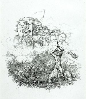 뮌히하우젠 남작이 자신의 댕기머리로 자신과 말을 늪에서 끌어낸다.