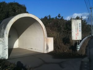 국도 제224호선에 설치된 사쿠라지마의 폭발로 인한 분석 낙하에 대한 주의를 촉구하는 간판과 대피호 (가고시마시 아리무라초)