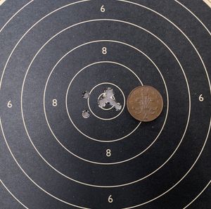 10발의 탄착군을 보여주는 종이 과녁