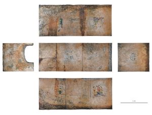 석곽 레플리카 전개도간사이 대학 박물관 다카마쓰 고분 벽화 재현 전시실 전시。