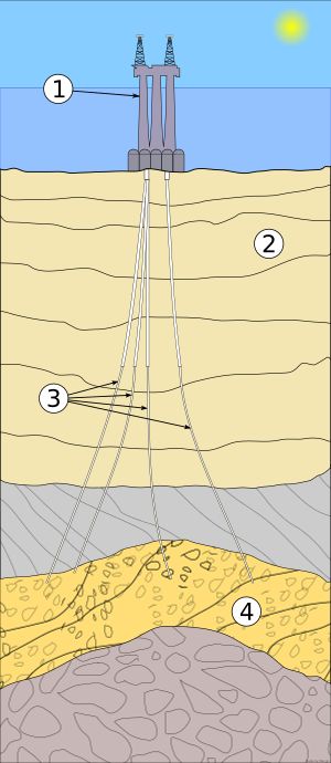 전형적인 석유 플랫폼의 작동 방식을 보여주는 다이어그램: 1. 굴착 장치, 2. 암석층, 3. 석유 드릴, 4. 석유 및 천연 가스