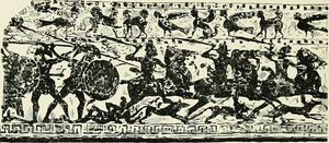 킴메르인과 고대 그리스의 전투 장면, 폰토스 접시 묘사: 킴메르인 기병과 그들의 군용견이 그리스 호플리테와 싸우는 모습