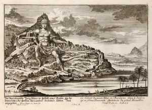 디노크라테스가 제안한 알렉산드로스 기념비의 상상도; 요한 베른하르트 피셔 폰 에르라흐의 판화, 1725