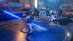 칼 케스티스가 양날 광선검으로 제국군과 싸우는 모습