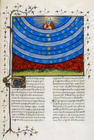 오렘의 저서 『하늘과 세계』(Livre du ciel et du monde, 1377)의 한 페이지로, 천구를 보여준다.