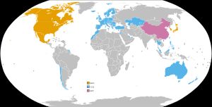 전 세계 테슬라 슈퍼차저 플러그 표준 분포: NACS(주황색), CCS2(파란색), GB/T(분홍색)