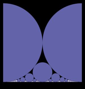 포드 원들: 각 기약분수 위에 원이 놓여 있다. 어두운 원들은 분수 0, 1, 1/2, 1/3, 2/3, 1/4, 3/4, 1/5, 2/5, 3/5 및 4/5에 해당한다. 각 원은 밑변과 인접한 원에 접선이다(또한 원에 대한 접선 참조). 같은 분모를 가진 분수는 같은 크기의 원을 갖는다.