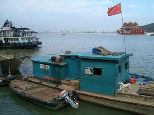 수평선 너머로 숲이 우거진 예리 섬이 보이는 샹저우 어항