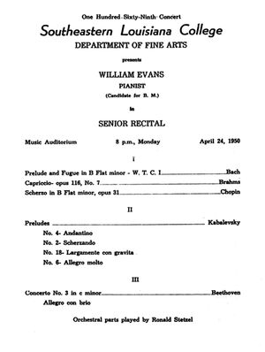 에번스의 졸업 연주회 프로그램, 1950년 4월 24일.