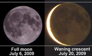 크기를 동일하게 조정한 보름달(원지점 부근)과 거의 초승달(지구 조명으로 보임)의 겉보기 지름 비교. 이 일식에서는 달이 근지점에 있어 겉보기 지름이 더 컸다.