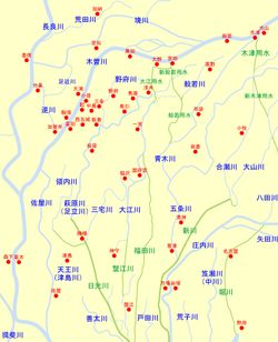 광범위한 기소강 좌안 수로 체계도(녹색은 정비, 개착된 하천·수로)