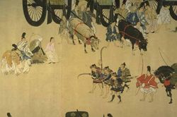 나기나타에 묶여 전시된 신제의 머리(헤이지 이야기 그림 말・신제 권)