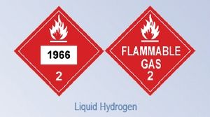 액체 수소와 함께 사용되는 위험물질의 존재를 나타내는 두 개의 미국 교통부 표지판
