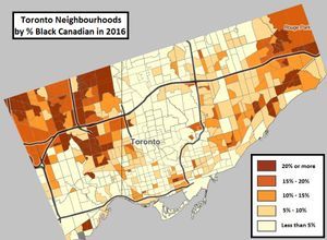 2016년 토론토 인구조사 구역별 흑인 인구 비율 지도