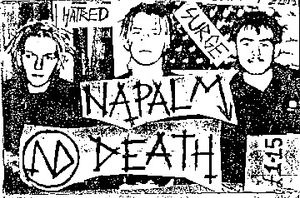 1985년의 Hatred Surge 데모 녹음 커버; 왼쪽부터: 저스틴 브로드릭, 니콜라스 불렌, 믹 해리스