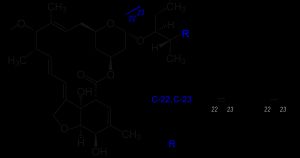 아베르멕틴 B1a, B1b와 이버멕틴 B1a, B1b의 부분 구조 비교