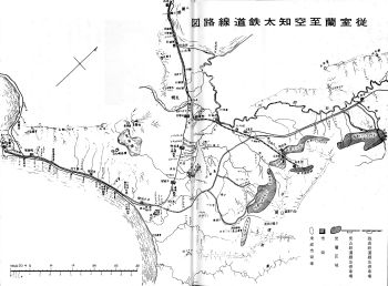 굵은 선은 홋카이도 탄광 철도 회사선, 중앙의 가는 선은 홋카이도 철도 회사선.