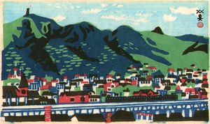 1930년대 고베 시가지 및 롯코 산을 그린 목판화 (가와니시 히데 '고베 백경 《배산조망》' 1935년)