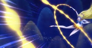 세일러 문 크리스탈에서 세일러 비너스가 비너스 러브-미 체인을 사용하는 모습.