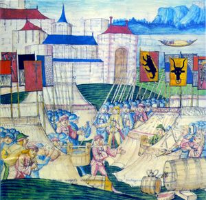 그랑송 전투 이후 부르고뉴 야영지 약탈, 디볼트 실링 더 엘더 (1483) 그림