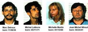재판의 피고인들, 왼쪽부터 마르크 뒤트루, 미셸 르리에브르, 미셸 마르탱, 장-미셸 니울.