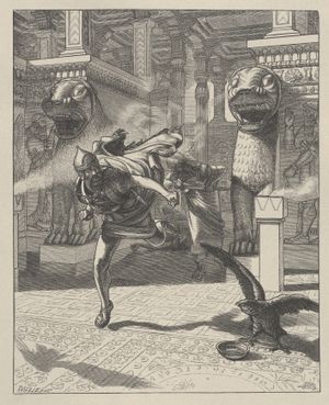 아르다-물리수와 나부-샤르-우수르가 센나케립을 살해한 후 도망가는 모습을 묘사한 <i>아드람멜렉의 도주</i>라는 제목의 삽화.