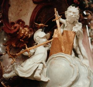 투구를 쓰고 예루살렘에 대한 계획안을 들고 있는 네부카드네자르가 유다 왕국을 상징하는 사자 가죽을 뒤집어 쓴 시드키야를 공격하는 모습을 형상화한 바로크 시대의 조각.