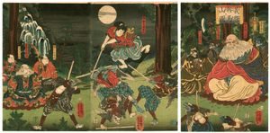 요시츠네가 구라마 산에서 텐구와 함께 무술을 연마하는 모습을 그린 그림.