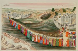 젬스키 소보르의 대표단이 미하일 표도로비치에게 왕으로 선출되었음을 알리기 위해 이파티예프 수도원으로 행진한다(17세기)