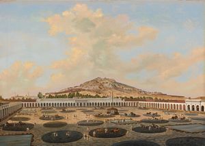 사카테카스주 프레스니요에 위치한 아시엔다 누에바에서 파티오 공정을 묘사한 그림, 피에트로 괄디, 1846년.