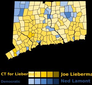 자치단체별 일반 선거 결과. 파란색 음영은 라몬트 승리, 노란색은 리버먼 승리를 나타냅니다.